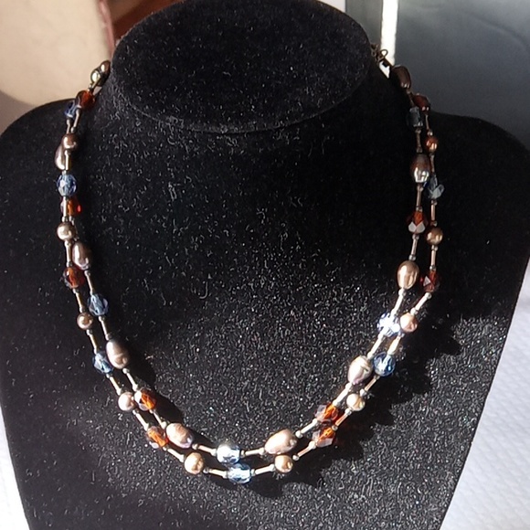 16" Twin Strands of Pearls,Crystals,Sterling Spacers - Picture 2 of 3